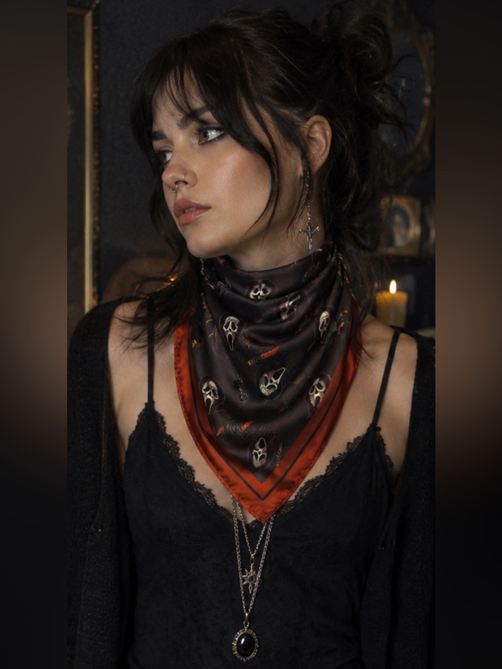 Silky Black & Rust Ghost Face Scream Print Bandana Scarf ♥️👻